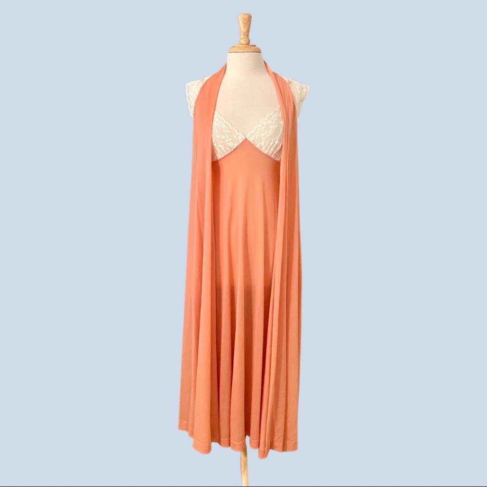 Vintage 1970s Miss Elaine Coral Nightgown And Robe Set Gem